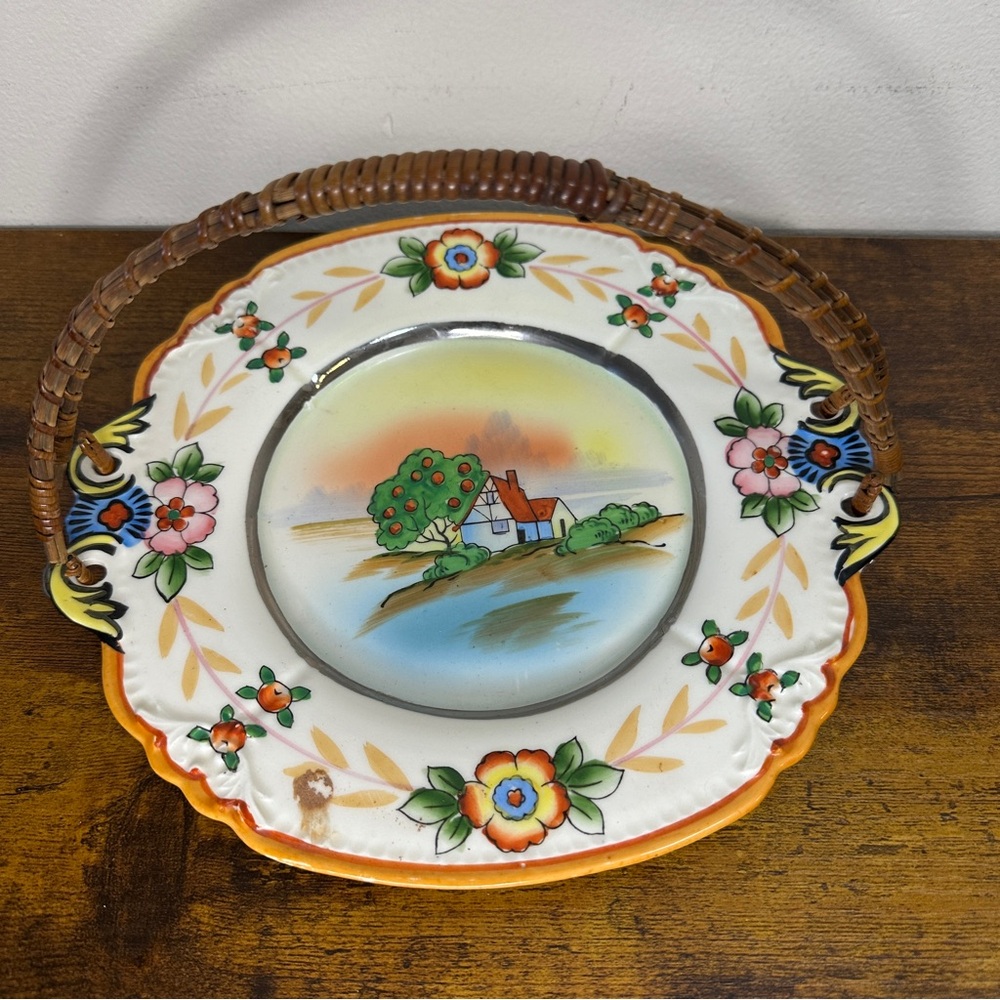 VTG Hand Painted Made in Japan Red Backstamp Porcelain Basket Handle Plate